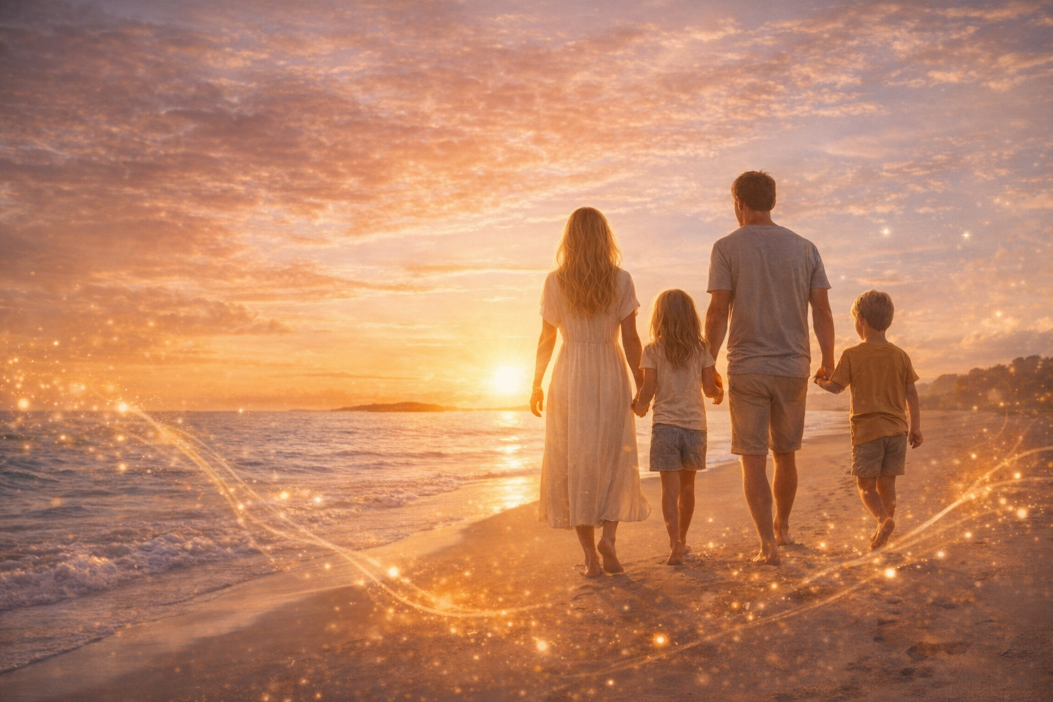 Perhe kävelee rannalla ilta-auringossa energiasäteiden ympäröimänä